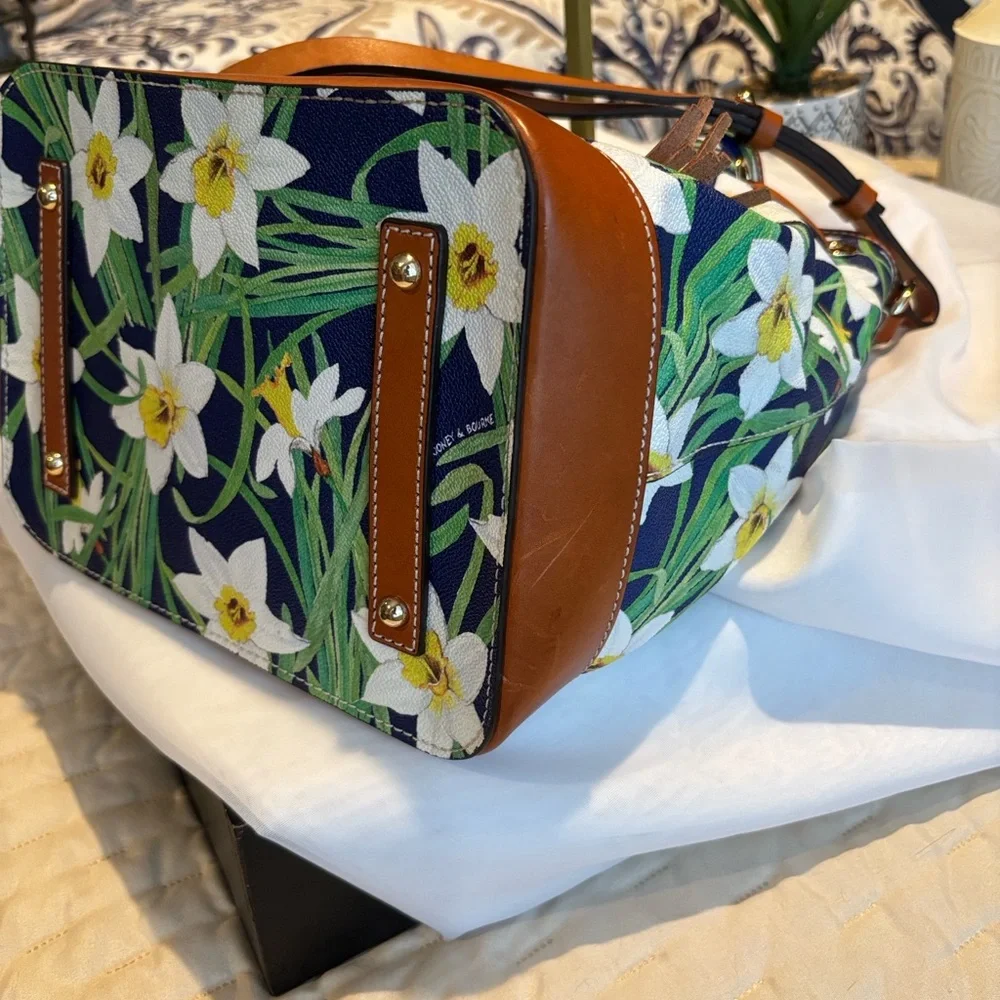 Dooney & Bourke Blue Floral Bucket Bag with Tan Trim - Picture 7 of 13